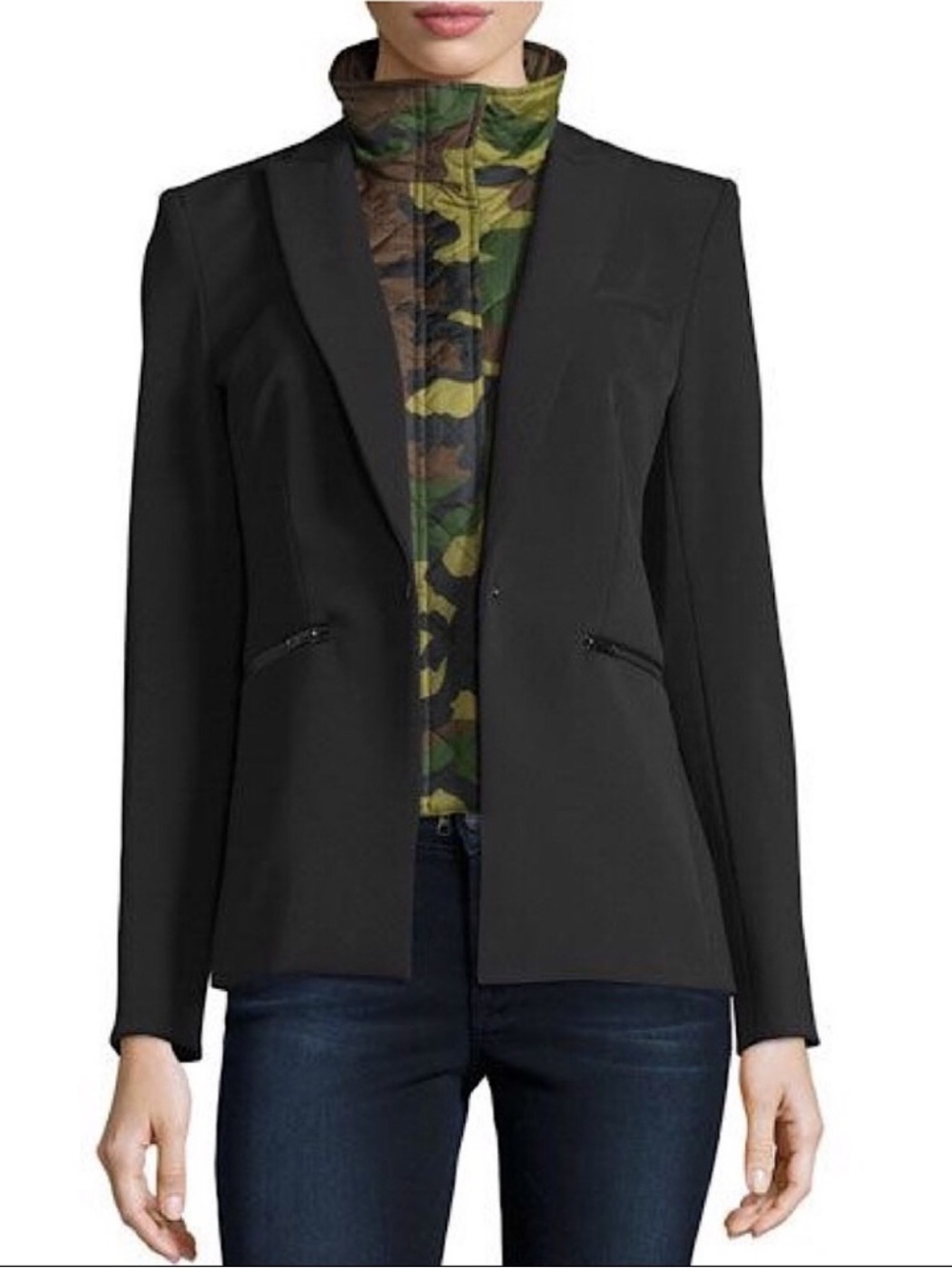 $248 Veronica Beard Quilted Camoflauge Bomber Dickey Black Green Camo puffer O/S
